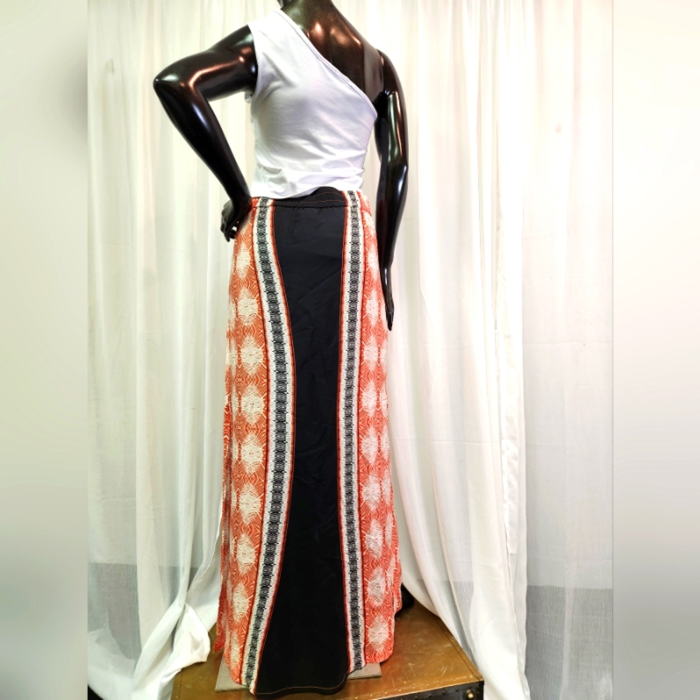 100% Silk Black and Orange Women's Skirt W/Side Slit -New W/ Tags